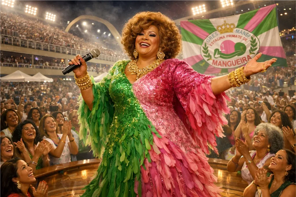 Esta ilustração celebra o auge da carreira de Alcione e sua autoridade no samba