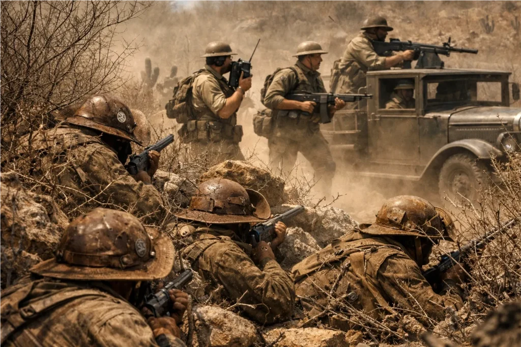 Cangaceiros camuflados na Mata contra volantes armados e equipados com toda a tecnolgia daquele tempo