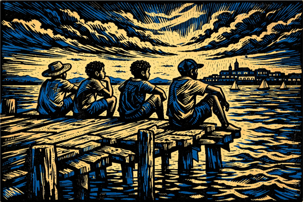 Capitães da Areia: A xilogravura moderna que retrata os jovens no trapiche em Salvador.