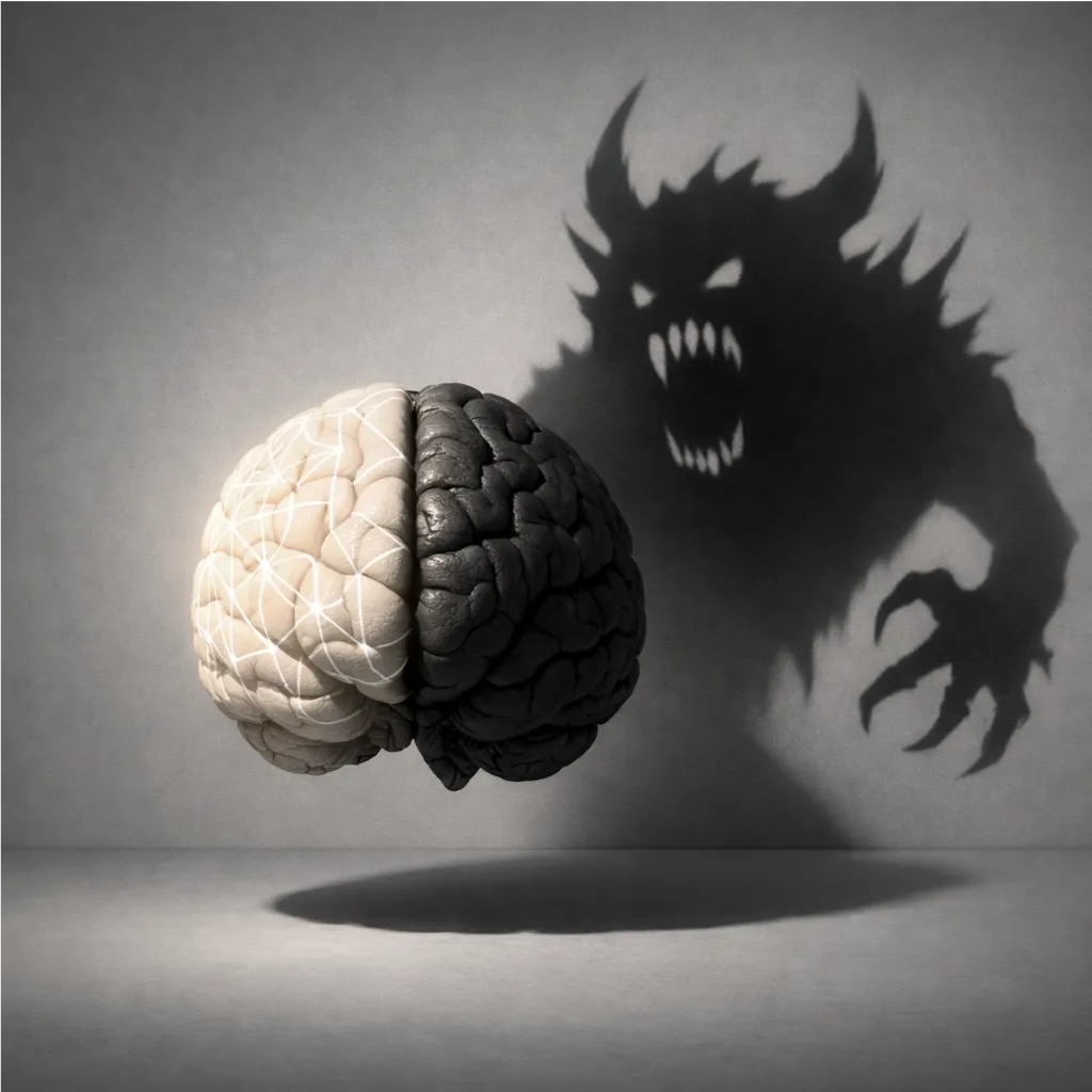 Representação surrealista do cérebro humano, explorando o conceito da "Sombra de Jung" com um lado organizado e o outro projetando a silhueta de um monstro.