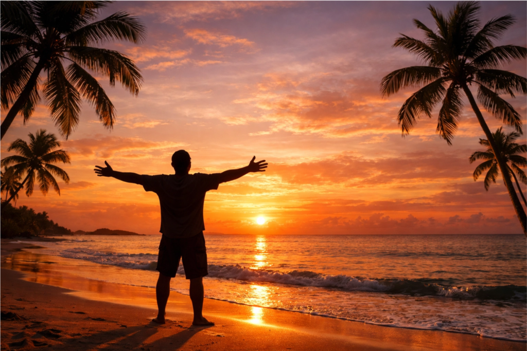 Pessoa comtemplando o mar de braços abertos