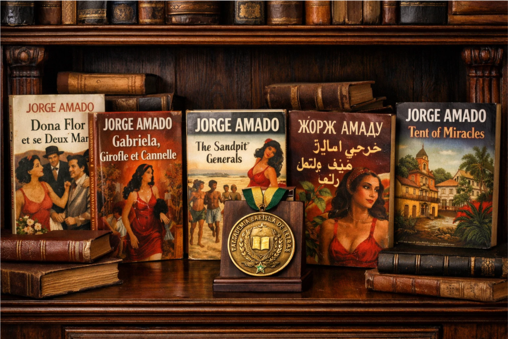 A imagem apresenta edições de seus livros em diversos idiomas, como francês, inglês, russo e árabe, simbolizando como suas histórias atravessaram oceanos. Em destaque, a medalha da Academia Brasileira de Letras reforça o prestígio e a dignidade com que ele ocupou sua cadeira naquela instituição.