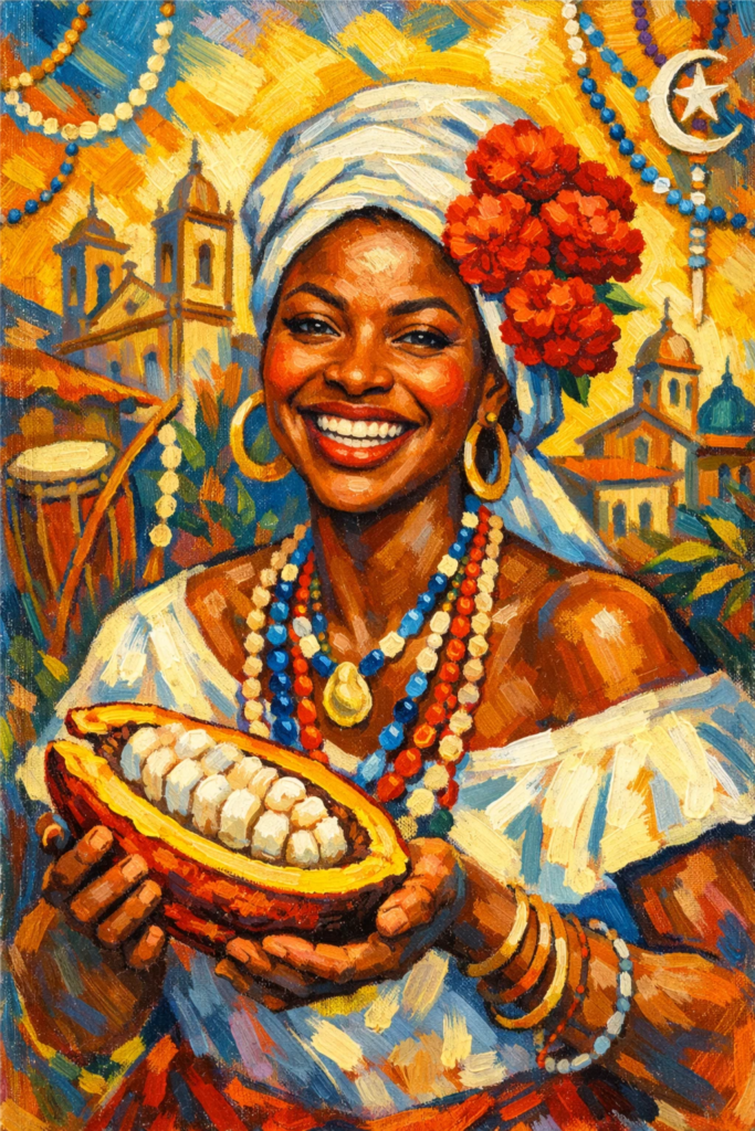 A imagem destaca o sorriso radiante, as flores de cravo no cabelo e o fruto do cacau aberto, simbolizando a riqueza da terra e a doçura da cultura baiana.