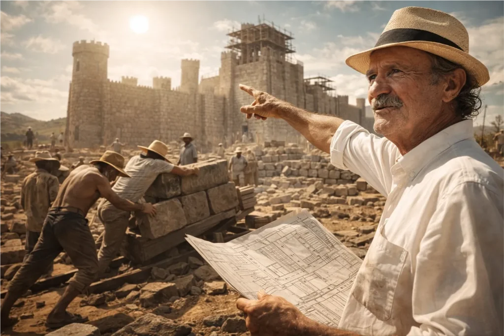 Representação de Plínio Pacheco em destaque, com seu chapéu de palha característico e camisa branca, coordenando a construção com as plantas arquitetônicas em mãos.