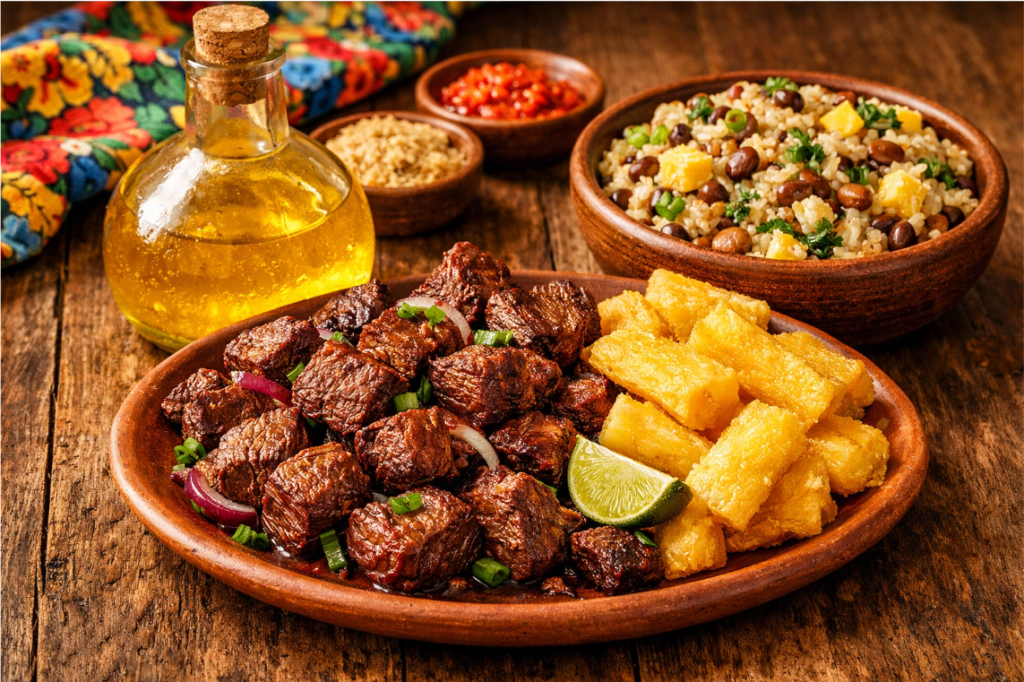 carne de sol, macaxeira, baião de dois e manteiga de garrafa