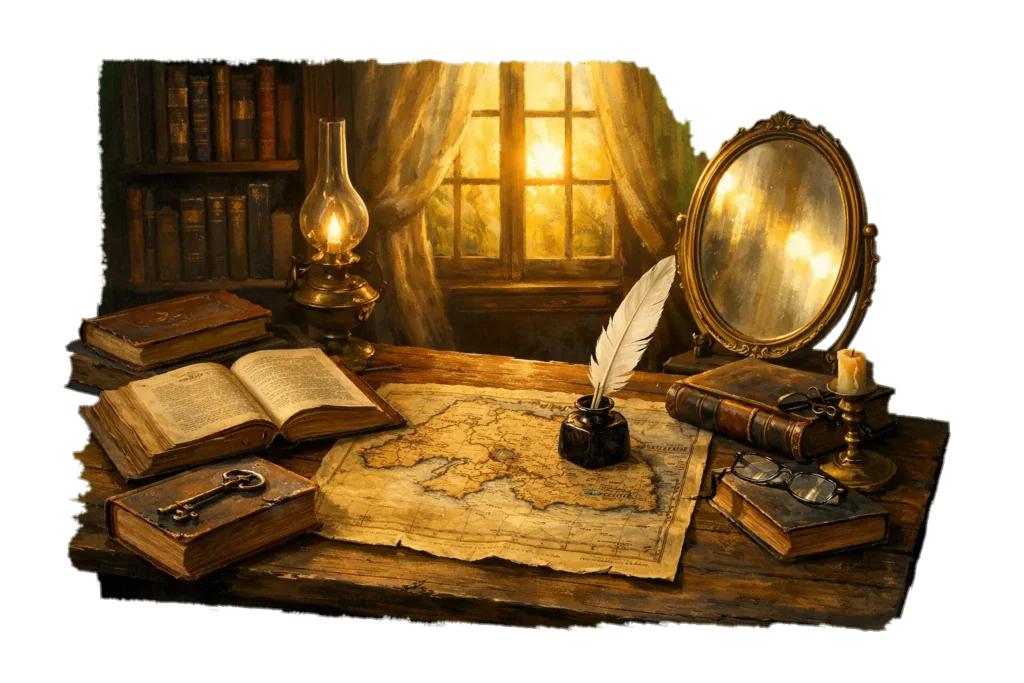 Nísia Floresta - Mesa de Trabalho do Século XIX: Com livros antigos, pena e tinteiro, simbolizando sua produção literária e pedagógica.