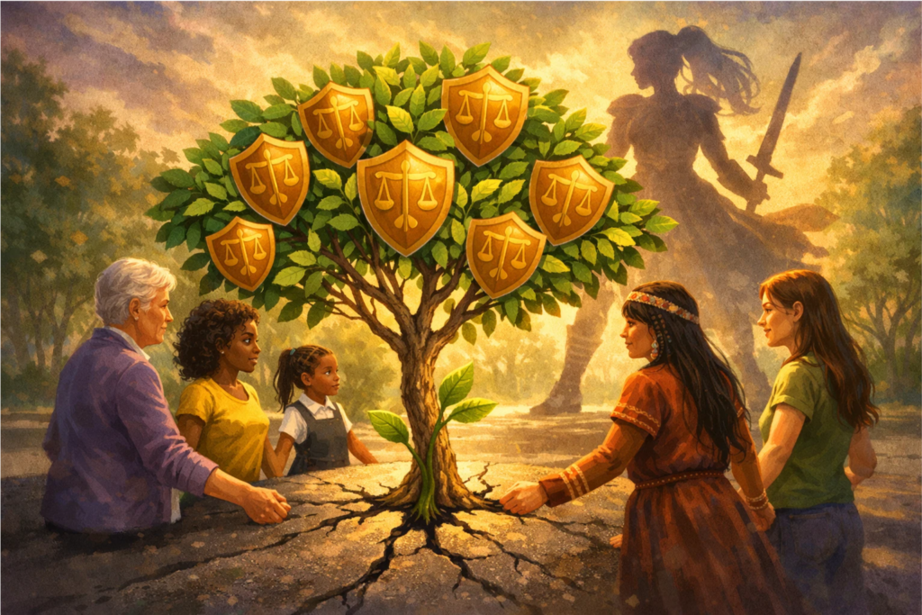 A ilustração simboliza a transformação da dor em resiliência e proteção coletiva, destacando o impacto duradouro de Maria da Penha na sociedade brasileira.