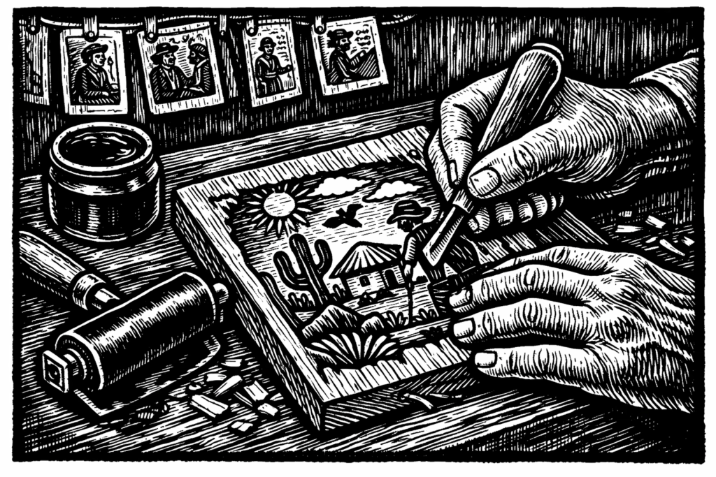 Xilogravura de Cordel - A ilustração captura a essência da "dança da faca na madeira"