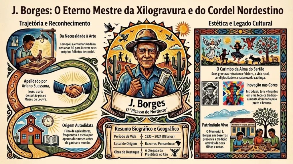 Infográfico detalhado sobre a vida e obra de J. Borges, destacando cronologia, principais xilogravuras e técnica do cordel nordestino.